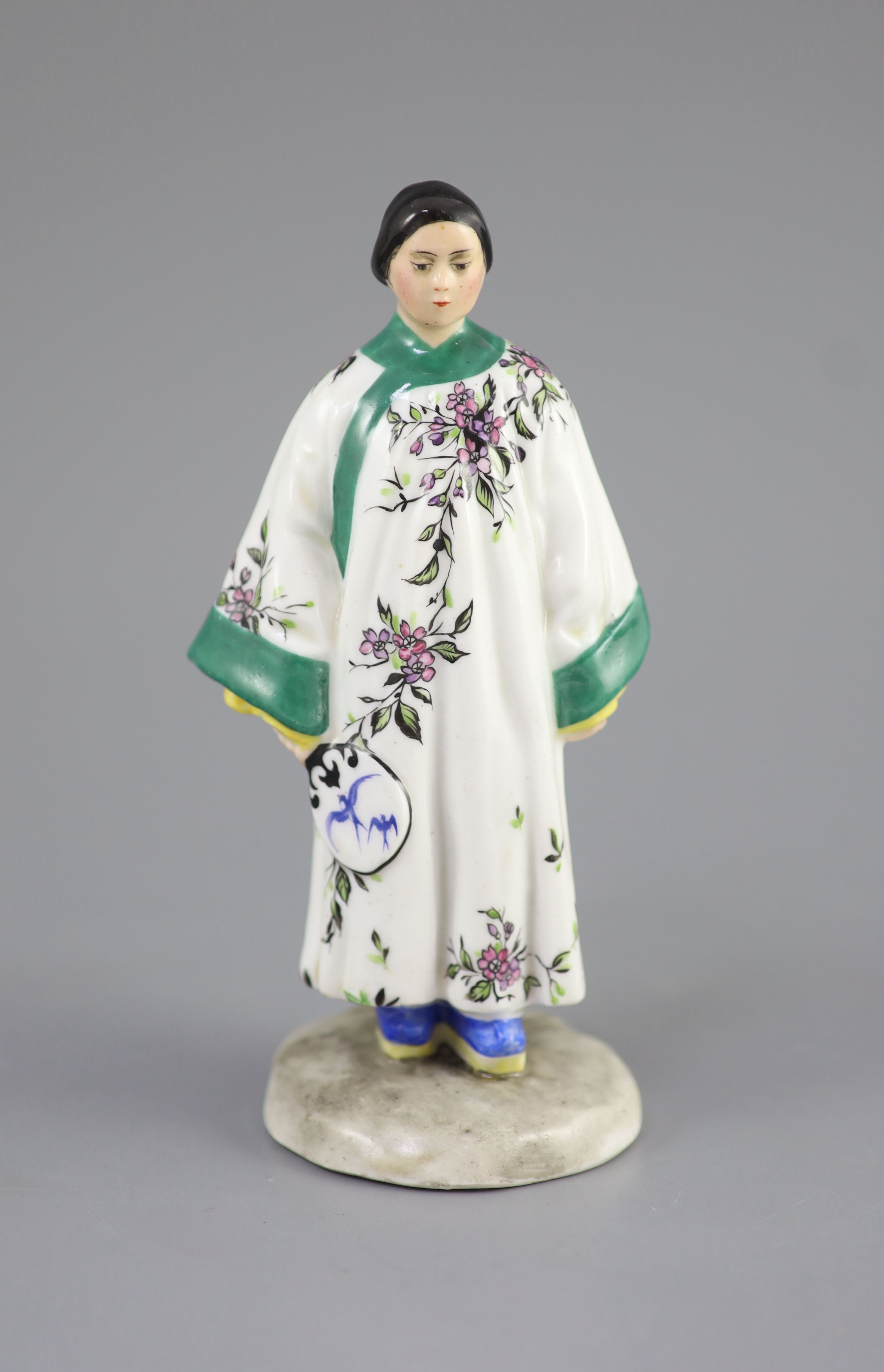 A Russian porcelain figure of a fashionable Chinese lady, Lomonosov factory, early 20th century, 18.3 cm high